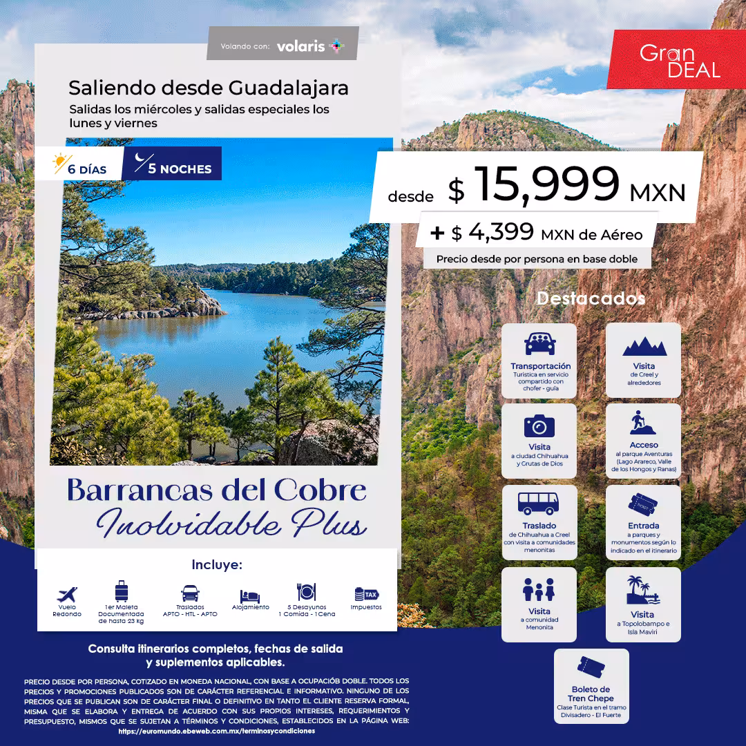 Barrancas del Cobre Inolvidable Plus · 6 días desde Guadalajara, operado por Euromundo